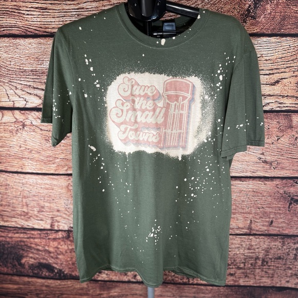Gildan Other - Gildan Save the Small‎ Towns Graphic T-Shirt Green Bleach Splatter Mens Large
